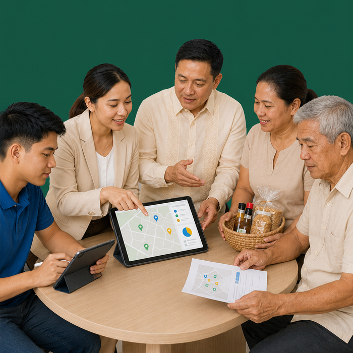Filipino barangay personnel collaborating with digital tools
